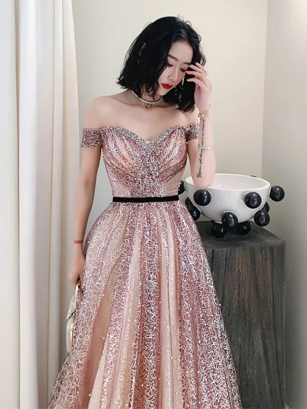 Sexy Blushing Pink Sequins Pearl Prom Dresses 2021 A-Line / Princess Off-The-Shoulder Backless Short Sleeve Floor-Length / Long Formal Dresses