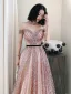 Sexy Blushing Pink Sequins Pearl Prom Dresses 2021 A-Line / Princess Off-The-Shoulder Backless Short Sleeve Floor-Length / Long Formal Dresses