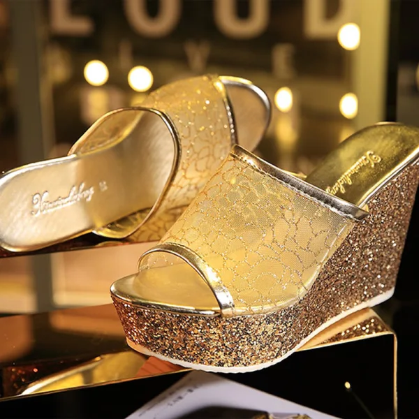 Charmant Doré Soirée Sandales Femme 2020 Glitter Paillettes 9 cm Compensées Peep Toes / Bout Ouvert Sandales