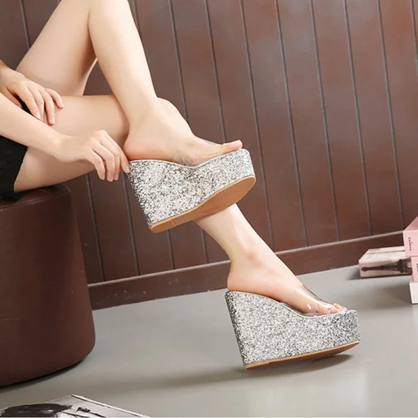Sexy Transparent Argenté Glitter Sandales Femme 2020 Paillettes 15 cm Compensées Peep Toes / Bout Ouvert Sandales