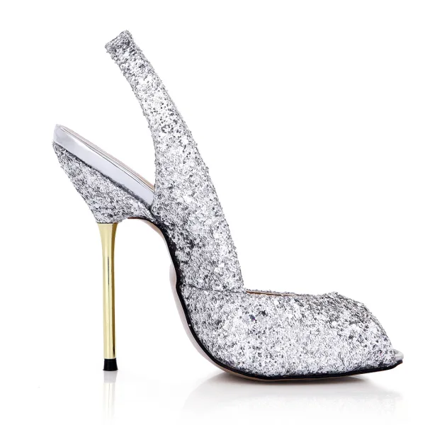Chic / Belle Argenté Paillettes Slingbacks Sandales Femme 2020 11 cm Talons Aiguilles Peep Toes / Bout Ouvert Sandales