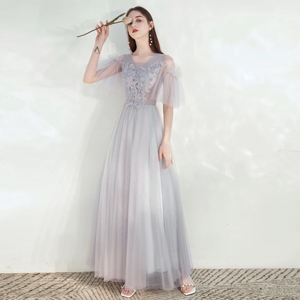 Modest / Simple Grey Bridesmaid Dresses 2021 A-Line / Princess Square Neckline Beading Lace Flower Short Sleeve Backless Floor-Length / Long Wedding Party Dresses
