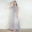 Modest / Simple Grey Bridesmaid Dresses 2021 A-Line / Princess Square Neckline Beading Lace Flower Short Sleeve Backless Floor-Length / Long Wedding Party Dresses