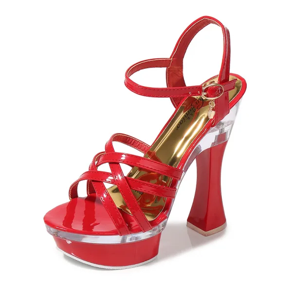 Fashion Black Street Wear Womens Sandals 2020 Ankle Strap 14 cm Thick Heels Open / Peep Toe Sandals