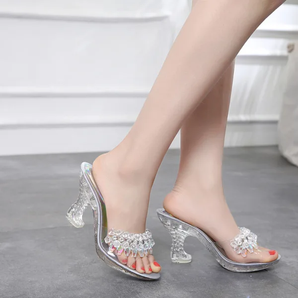 Charming Silver Street Wear Crystal Womens Sandals 2020 9 cm Stiletto Heels Open / Peep Toe Sandals