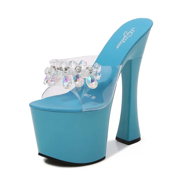 Sexy Blanche Club de carnaval Été Cristal Sandales Femme 2020 Faux Diamant 17 cm Talons Épais Peep Toes / Bout Ouvert Sandales