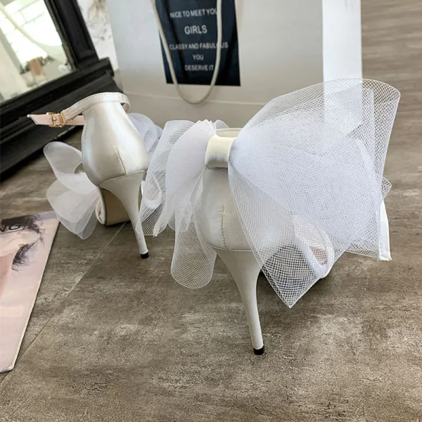 Piękne Białe Kokarda Buty Ślubne 2020 Z Paskiem 10 cm Szpilki Peep Toe Ślub Sandały