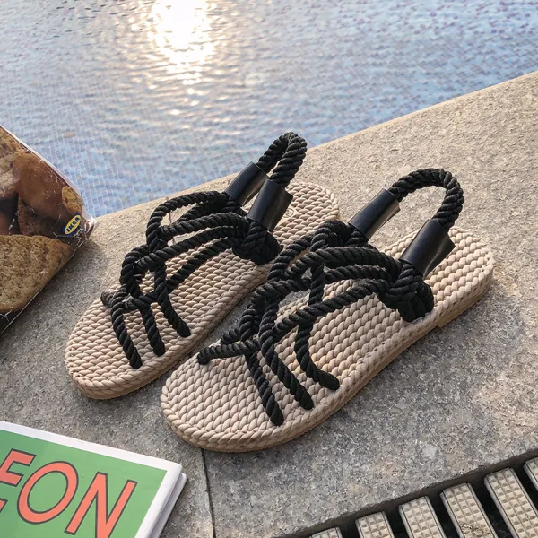 Romain Beige Plage Tresser Plate Chaussures Femmes 2020 Peep Toes / Bout Ouvert Plat Pantoufle & Tongs