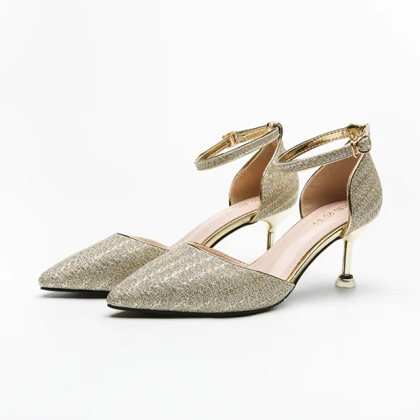 Fashion Gold Wedding Shoes 2020 Sequins Ankle Strap 6 cm Stiletto Heels Pointed Toe Wedding Heels