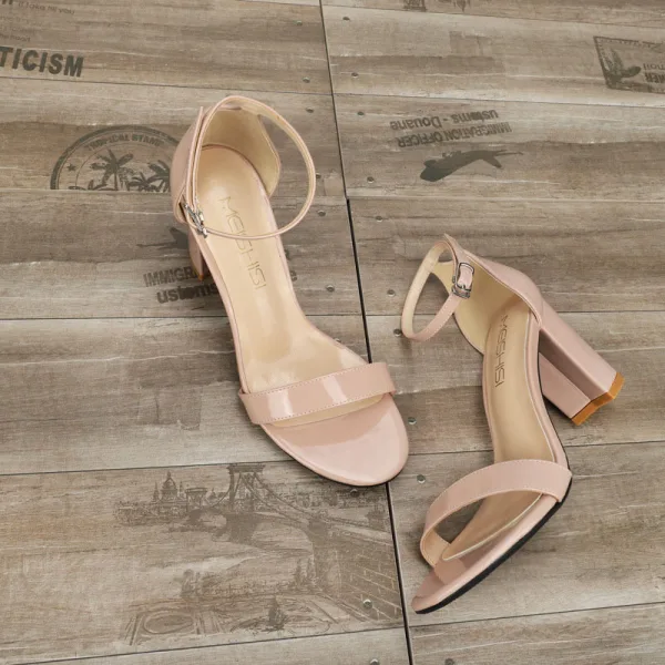 Enkla Nude Casual Sandaler Dam 2020 Ankelband 8 cm Tjocka Klackar Peep Toe Sandaler