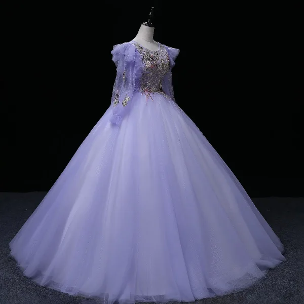 Elegant Lavender Beading Lace Flower Sequins Prom Dresses 2022 Ball Gown Scoop Neck Long Sleeve Prom Floor-Length / Long Formal Dresses