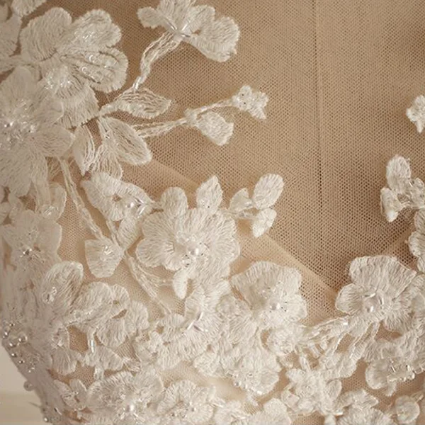 Illusion Champagne See-through Wedding Dresses 2018 A-Line / Princess Lace Appliques High Neck Long Sleeve Chapel Train Wedding