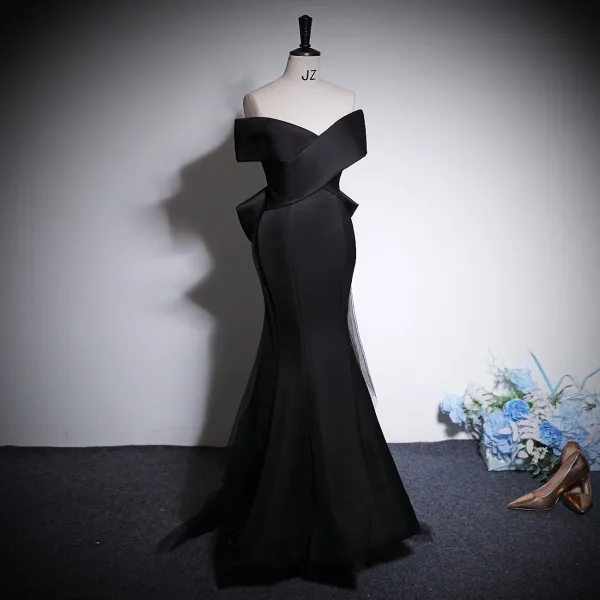 Fashion Black Prom Dresses 2023 Trumpet / Mermaid Off-The-Shoulder Sleeveless Backless Bow Floor-Length / Long Prom Formal Dresses