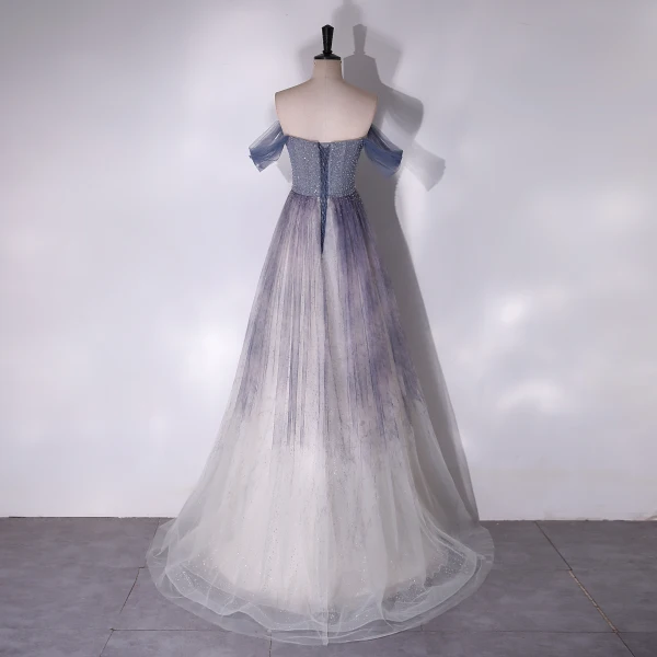 Chic / Beautiful Grey Sky Blue Beading Sequins Prom Dresses 2024 A-Line / Princess Off-The-Shoulder Sleeveless Backless Floor-Length / Long Prom Formal Dresses
