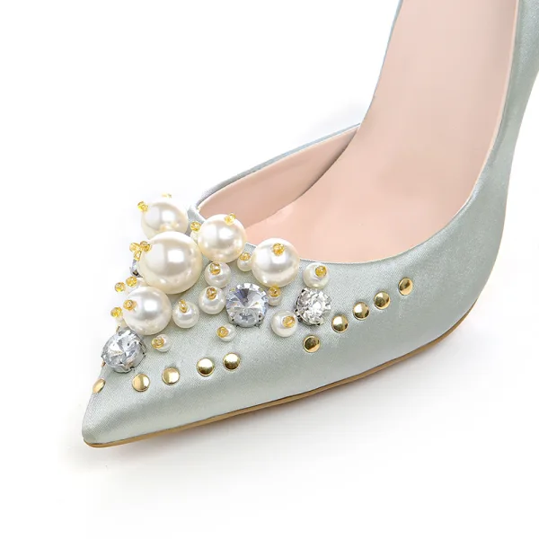 Fashion Champagne Wedding Shoes 2020 Rhinestone Pearl 12 cm Stiletto Heels Pointed Toe Wedding Pumps