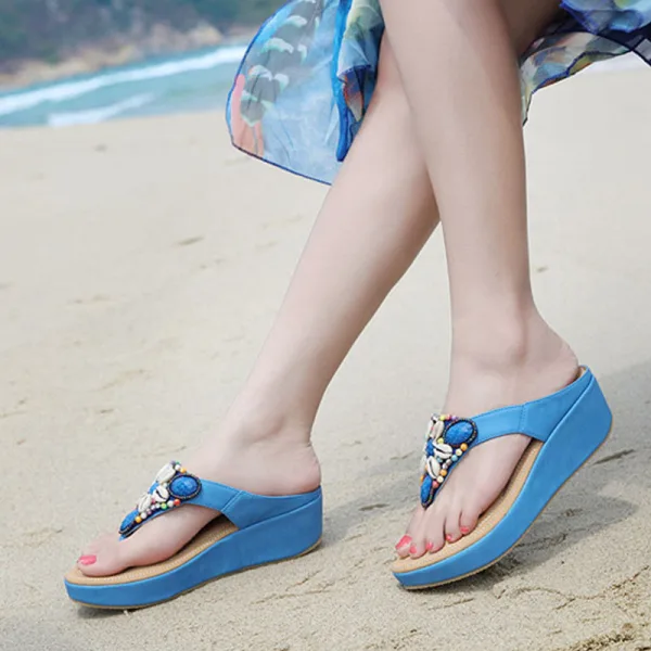 Bohême Rouge Plage Pantoufle & Tongs 2020 Cristal Faux Diamant Plateforme Peep Toes / Bout Ouvert Plat Chaussures Femmes