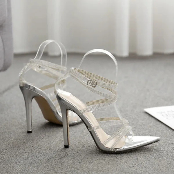 Sexy Beige Evening Party Womens Sandals 2020 Rhinestone X-Strap 12 cm Stiletto Heels Open / Peep Toe Sandals