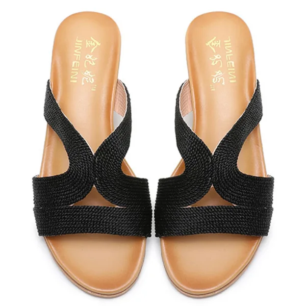 Cyganeria Czarne Przypadkowy Warkocz Sandały Damskie 2020 5 cm Na Koturnie Peep Toe Sandały