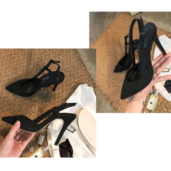 Schlicht Beige Büro OL Slingpumps Sandalen Damen 2020 Wildleder 10 cm Stilettos Spitzschuh Sandaletten