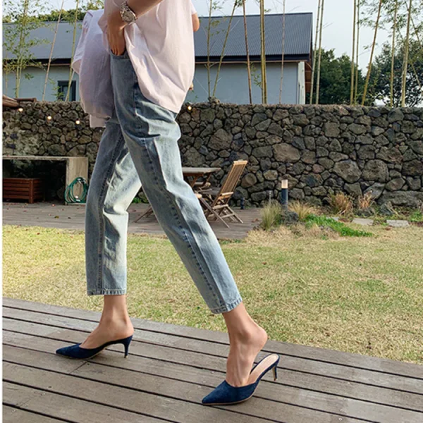 Modest / Simple Navy Blue Street Wear Suede Womens Sandals 2020 8 cm Stiletto Heels Pointed Toe Sandals