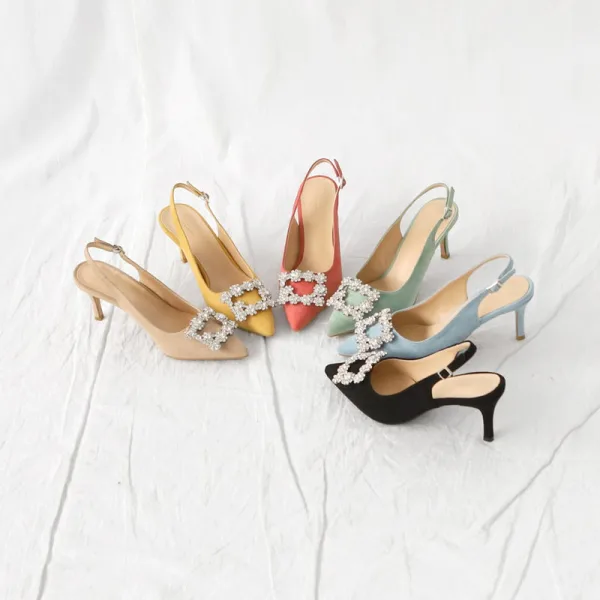 Chic / Beautiful Yellow Bridesmaid Slingbacks Womens Sandals 2020 Suede Rhinestone 10 cm Stiletto Heels Pointed Toe Sandals