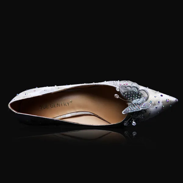 Charmant Ivory / Creme Schmetterling Brautschuhe 2020 Leder Strass 8 cm Stilettos Spitzschuh Hochzeit Pumps