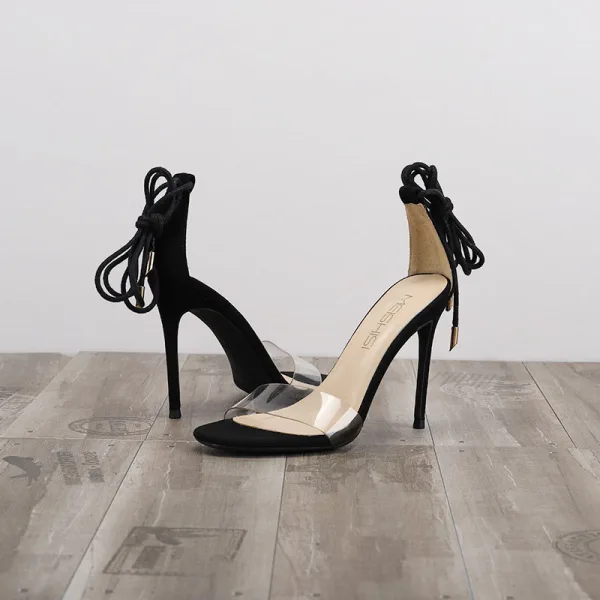 Simple Noire Vêtement de rue Daim Sandales Femme 2020 Bride Cheville 10 cm Talons Aiguilles Peep Toes / Bout Ouvert Sandales
