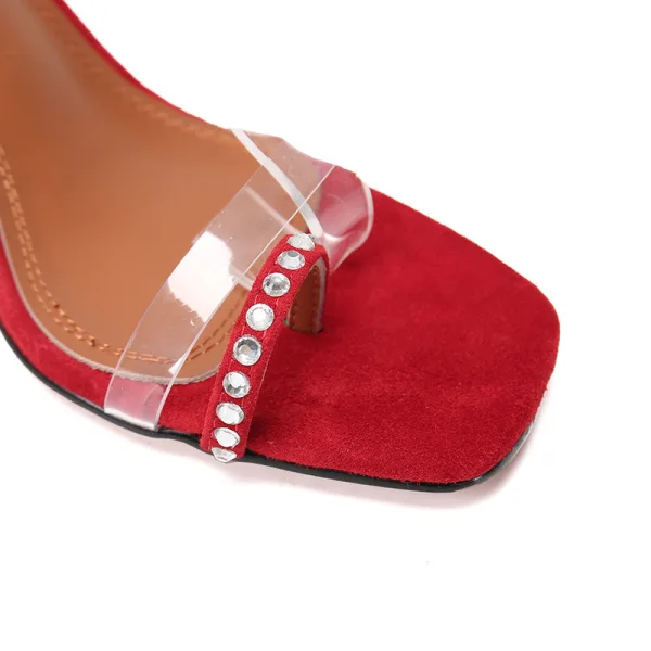 Enkla Röd Casual Mocka Sandaler Dam 2020 Läder Ankelband 10 cm Stilettklackar Peep Toe Sandaler