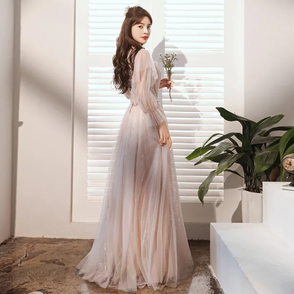 Simple Rougissant Rose Paillettes Robe Demoiselle D'honneur Princesse 2021 V-Cou Manches Courtes Dos Nu Longue Robe Pour Mariage