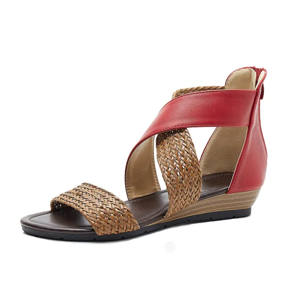 Bohemliv Sommar Röd Stranden Fläta Sandaler Dam 2020 4 cm Låg Klack Peep Toe Sandaler