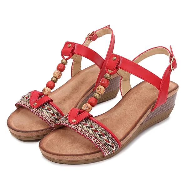 Vintage / Originale Bohême Été Rouge Plage Sandales Femme 2020 T-Strap 4 cm Compensées Talon Bas Peep Toes / Bout Ouvert Sandales