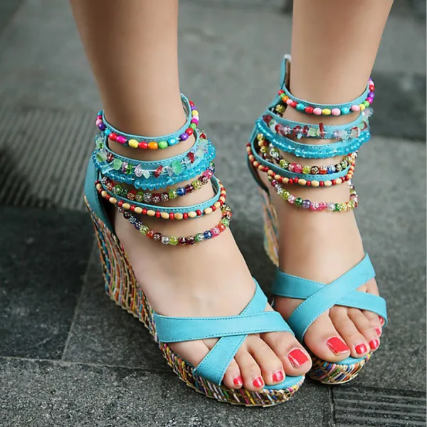 Bohemia Orange Street Wear Summer Womens Sandals 2020 Beading 9 cm Wedges Open / Peep Toe Sandals