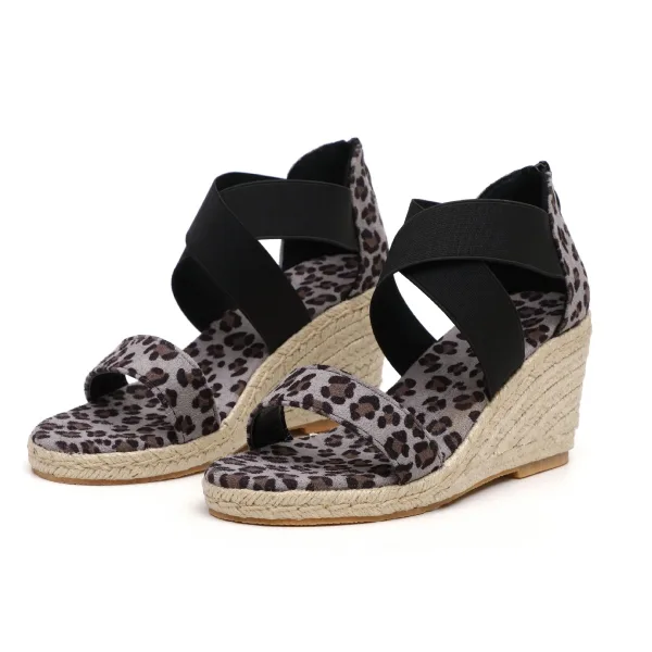 Schöne Braun Strassenmode Leopardenmuster Sandalen Damen 2020 8 cm Keilabsatz Peeptoes Sandaletten