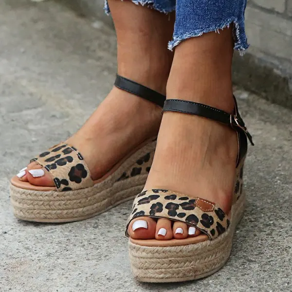 Erschwinglich Schwarz Strassenmode Zebramuster Sandalen Damen 2020 5 cm Keilabsatz Peeptoes Sandaletten
