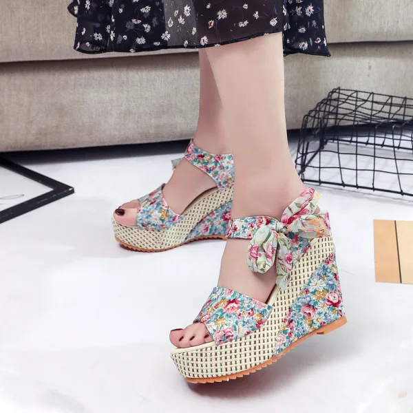 Affordable Outdoor / Garden Black Floral Womens Sandals 2020 Bow 11 cm Wedges Open / Peep Toe Sandals