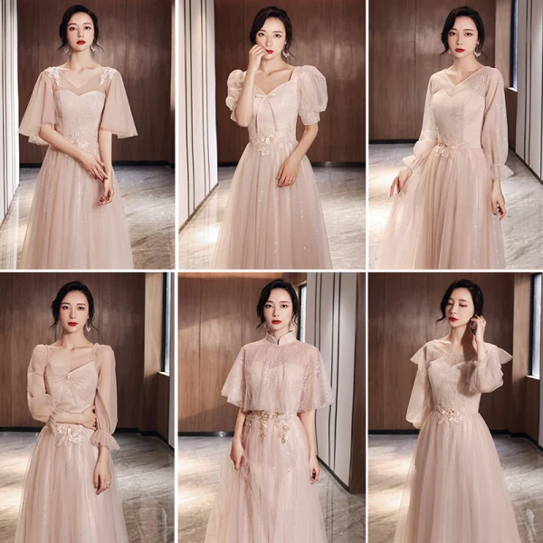 Elegante Rosa Brautjungfernkleider 2021 A Linie V-Ausschnitt Spitze Blumen Kurze Ärmel Rückenfreies Lange Kleider Für Hochzeit