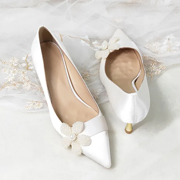 Elegant Ivory Wedding Shoes 2020 Leather Pearl Flower 5 cm Stiletto Heels Pointed Toe Wedding Pumps