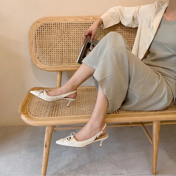 Chic / Belle Noire Slingbacks Vêtement de rue Cuir Sandales Femme 2020 5 cm Talons Aiguilles À Bout Pointu Sandales