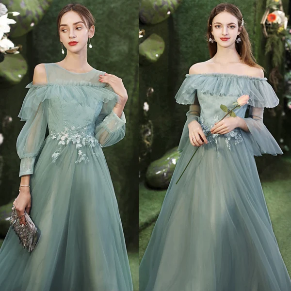 Modest / Simple Mint Green Bridesmaid Dresses 2021 A-Line / Princess Scoop Neck Lace Flower 1/2 Sleeves Backless Floor-Length / Long Tulle Wedding Party Dresses