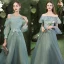 Modest / Simple Mint Green Bridesmaid Dresses 2021 A-Line / Princess Scoop Neck Lace Flower 1/2 Sleeves Backless Floor-Length / Long Tulle Wedding Party Dresses