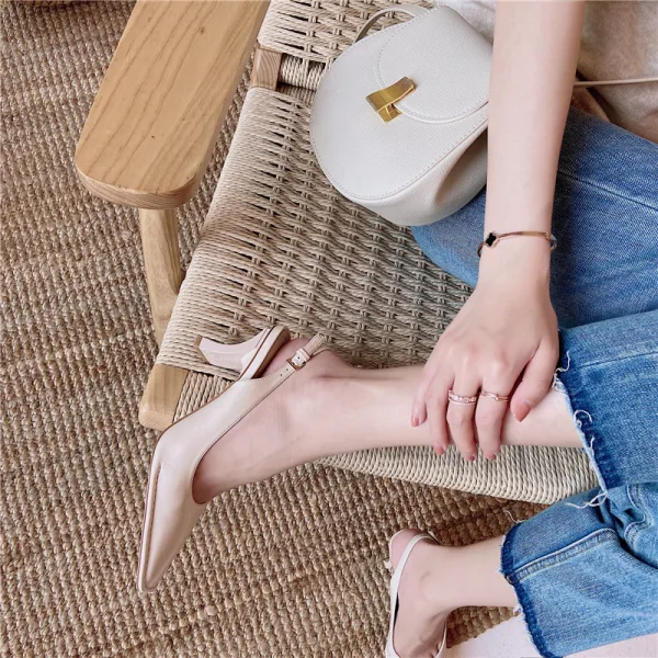 Schöne Beige Slingpumps Büro OL Sandalen Damen 2020 Leder 6 cm Stilettos Spitzschuh Sandaletten