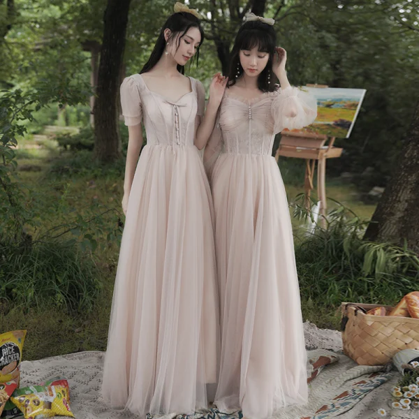 Modest / Simple Blushing Pink Bridesmaid Dresses 2021 A-Line / Princess Scoop Neck Short Sleeve Backless Floor-Length / Long Wedding Party Dresses