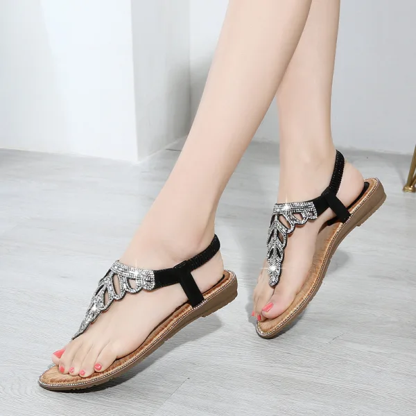 Bohême Charmant Été Plage Argenté Sandales Femme 2020 Faux Diamant Peep Toes / Bout Ouvert Sandales