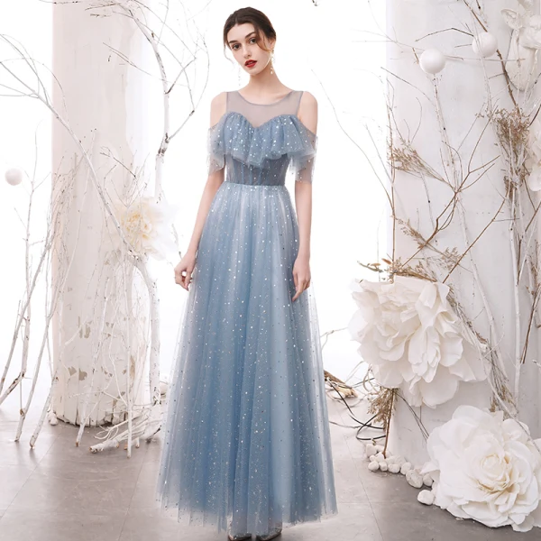 Modern / Fashion Sky Blue Star Sequins Bridesmaid Dresses 2021 A-Line / Princess Off-The-Shoulder Short Sleeve Backless Floor-Length / Long Wedding Party Dresses