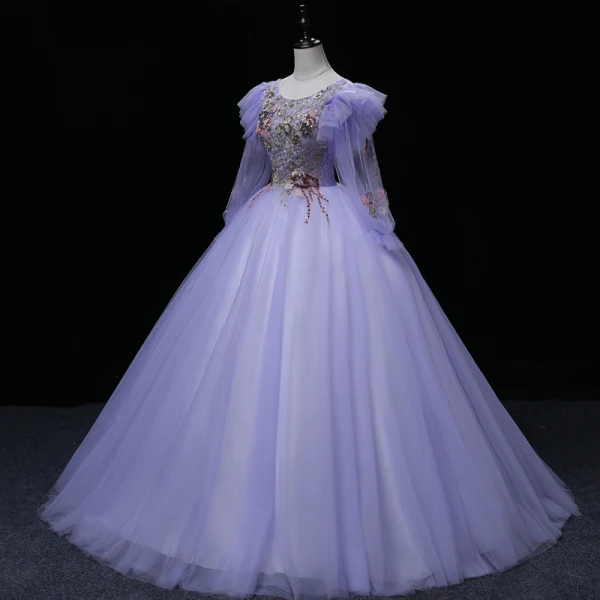 Elegant Lavender Beading Lace Flower Sequins Prom Dresses 2022 Ball Gown Scoop Neck Long Sleeve Prom Floor-Length / Long Formal Dresses