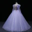 Elegant Lavender Beading Lace Flower Sequins Prom Dresses 2022 Ball Gown Scoop Neck Long Sleeve Prom Floor-Length / Long Formal Dresses