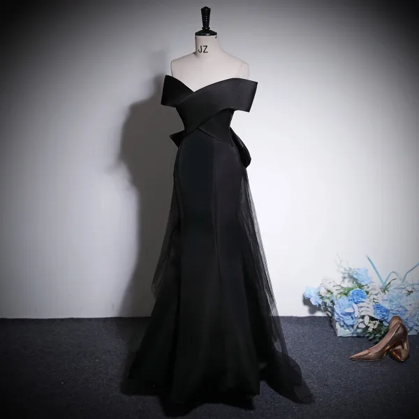 Fashion Black Prom Dresses 2023 Trumpet / Mermaid Off-The-Shoulder Sleeveless Backless Bow Floor-Length / Long Prom Formal Dresses