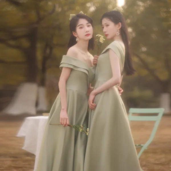 off the shoulder green bridesmaid dress Pageant girl dress with train, Knee length junior bridesmaid dress bla –  Colibri Fashion Studio main image 0