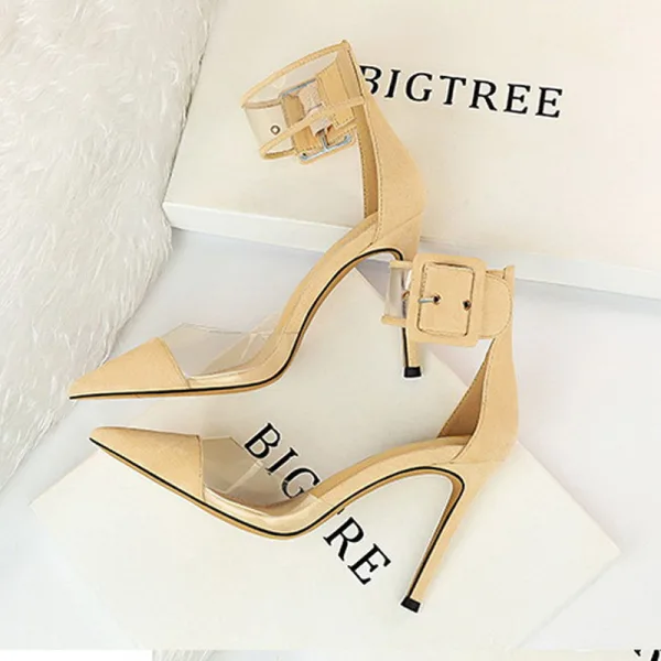 Chic / Belle Noire Désinvolte Daim Sandales Femme 2020 Bride Cheville 10 cm Talons Aiguilles À Bout Pointu Sandales
