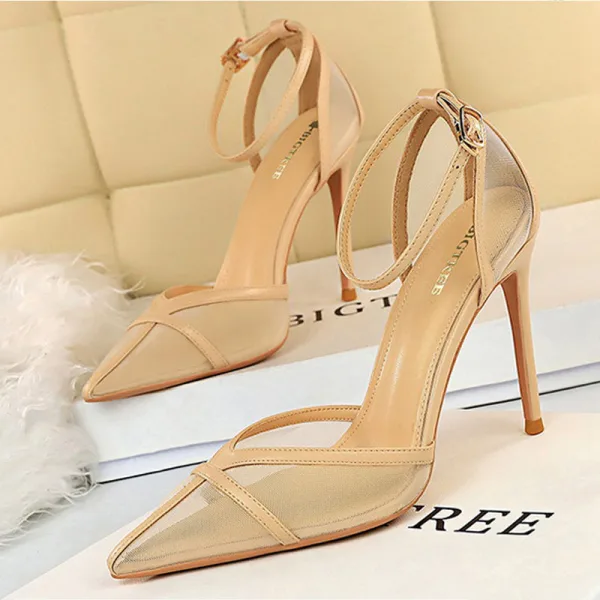 Chic / Beautiful Black Street Wear Pierced Womens Sandals 2020 Ankle Strap 10 cm Stiletto Heels Pointed Toe Sandals